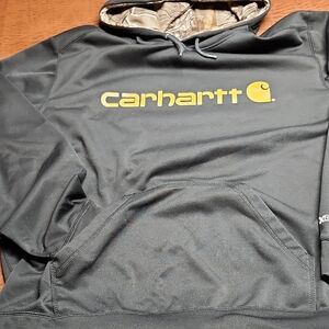 Carhartt Black Hoodie with Yellow Logo and Camo Hood Lining. Mens 2X